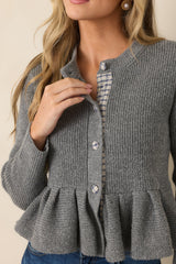 En Saison Annie Heather Gray Plaid Trim Peplum Cardigan