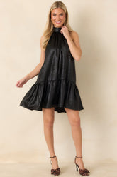 Fancy That Black Halter Bow Back Ruffle Hem Mini Dress