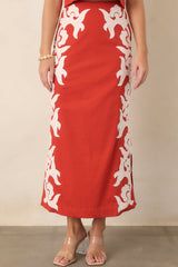 Anna Cate Dillon Bright Red Cotton Appliqué Midi Skirt