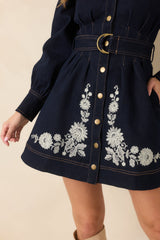 En Saison Carol Dark Indigo Denim Floral Embroidered Mini Dress