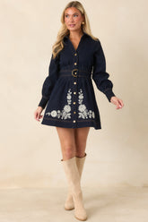 En Saison Carol Dark Indigo Denim Floral Embroidered Mini Dress