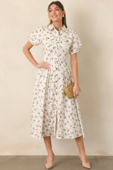 En Saison Hannah Ivory Floral Linen Blend Midi Shirt Dress