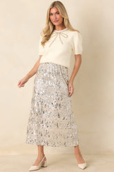 A Sparkling Conversation Silver Sequin Midi Skirt