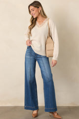 ASTR the Label Jadyn Ivory Wool Lace Trim V-Neck Sweater