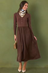 All Nicely Arranged Dark Brown Knit Bodice Satin Midi Dress