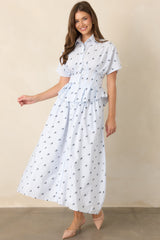 En Saison Veronica Blue Floral Stripe Button Front Maxi Skirt