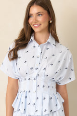 En Saison Veronica Blue Floral Stripe Button Front Peplum Top