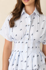 En Saison Veronica Blue Floral Stripe Button Front Peplum Top
