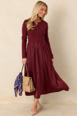All Nicely Arranged Burgundy Knit Bodice Satin Midi Dress