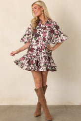 En Saison Miranda Ivory & Burgundy Floral Cotton Mini Dress