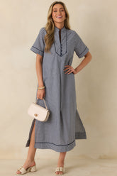 Afternoon Plans Navy Gingham Cotton V-Neck Maxi Dress