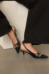 Chain of Events Black Patent Gold Chain Slingback Kitten Heels