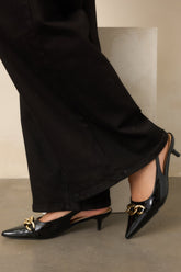 Chain of Events Black Patent Gold Chain Slingback Kitten Heels