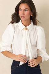 A Word of Advice Ivory Gold Accent Tie Neck Blouse