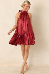 Fancy That Red Halter Bow Back Ruffle Hem Mini Dress