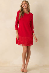 Coming In Hot Red 3/4 Sleeve Fringe Mini Dress