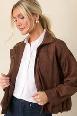 A Smooth Departure Chocolate Brown Faux Suede Bomber Jacket