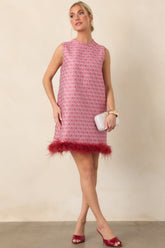 Fancy Seeing You Here Rose Pink & Burgundy Feather Trim Mini Dress