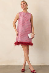 Fancy Seeing You Here Rose Pink & Burgundy Feather Trim Mini Dress