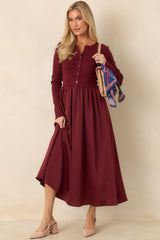 All Nicely Arranged Burgundy Knit Bodice Satin Midi Dress