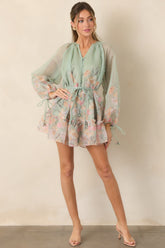 En Saison Katelyn Sage Multi Floral Belted Button Front Mini Dress