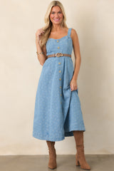 Dreaming in Blue Light Wash Denim Floral Midi Dress