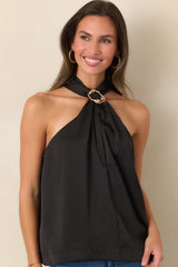 Draped In Myth Black Halter Ring Detail Blouse