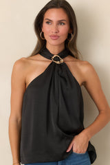 Draped In Myth Black Halter Ring Detail Blouse