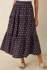 Café Rendezvous Brown & Blue Polka Dot Tiered Maxi Skirt