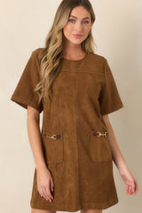 After the Derby Brown Faux Suede Horsebit Mini Dress