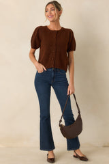 Extra Credit Brown Pointelle Knit Cardigan