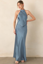 ASTR the Label Viridiana Steel Blue Satin Halter Maxi Dress