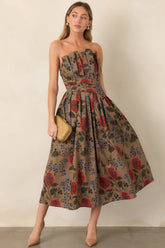 A Reason to Stay Mocha Brown Multi Floral Cotton Strapless Midi Dress