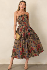 A Reason to Stay Mocha Brown Multi Floral Cotton Strapless Midi Dress