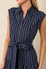 Always On Course Navy Striped Button Front Midi Dress