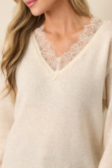 ASTR the Label Jadyn Ivory Wool Lace Trim V-Neck Sweater