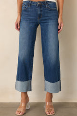 Best I've Seen Dark Wash Stretch Wide Leg Cuffed Jeans