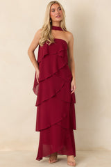 A Little Swept Away Wine Red Strapless Tiered Maxi Dress