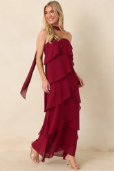 A Little Swept Away Wine Red Strapless Tiered Maxi Dress