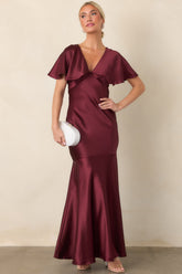 ASTR the Label Jamie Wine Satin Flutter Sleeve Maxi Dress