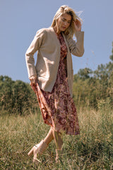 A Season Remembered Pink & Brown Floral Cotton Smocked Midi Dress