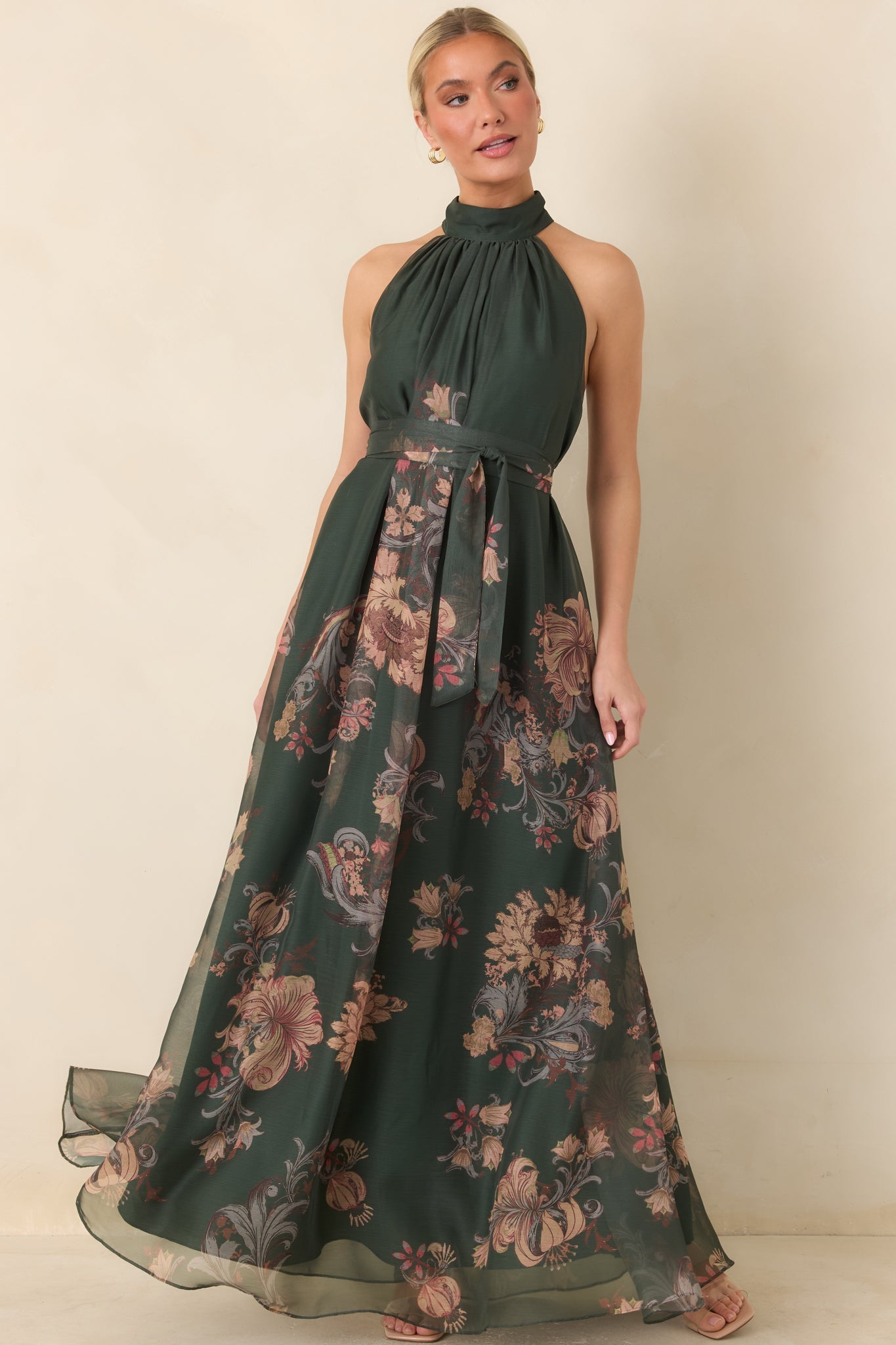 All That I Hoped For Forest Green Multi Floral Halter Maxi Dress