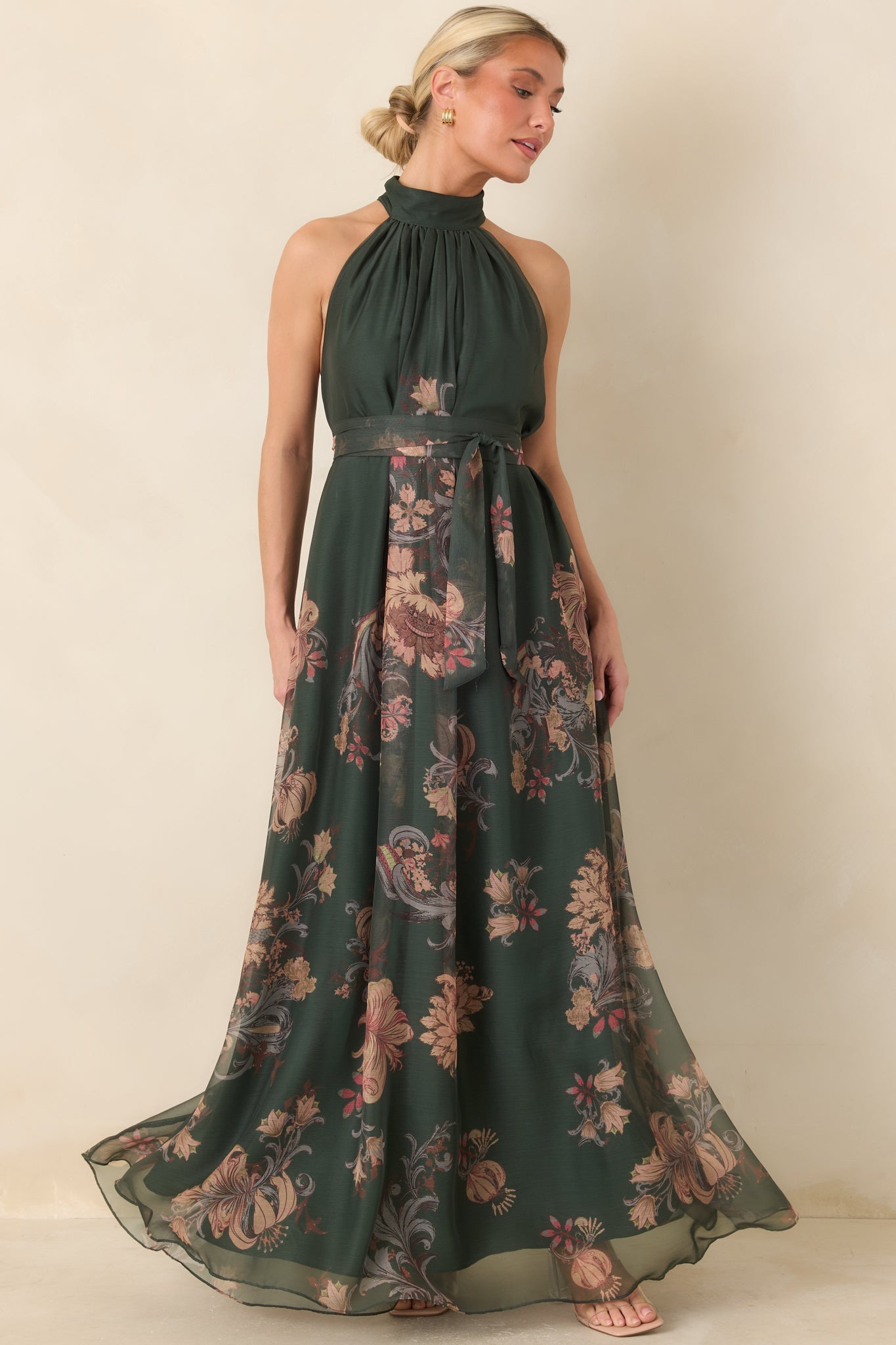 All That I Hoped For Forest Green Multi Floral Halter Maxi Dress