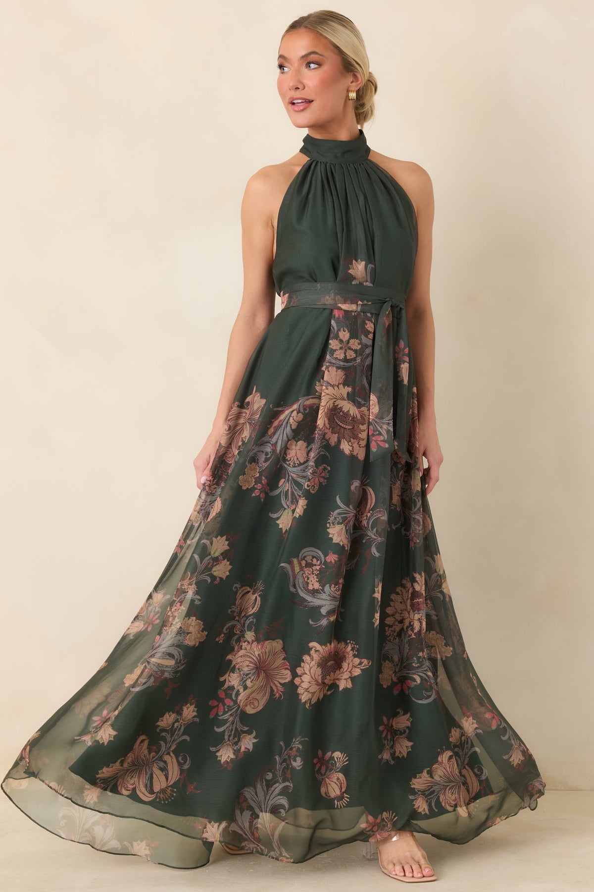 All That I Hoped For Forest Green Multi Floral Halter Maxi Dress