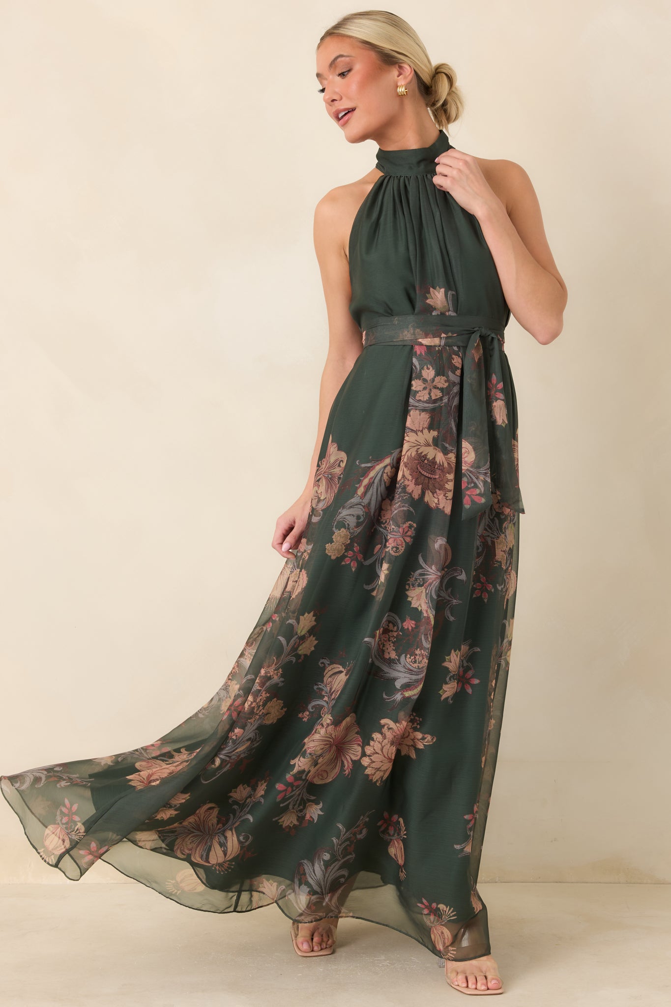All That I Hoped For Forest Green Multi Floral Halter Maxi Dress