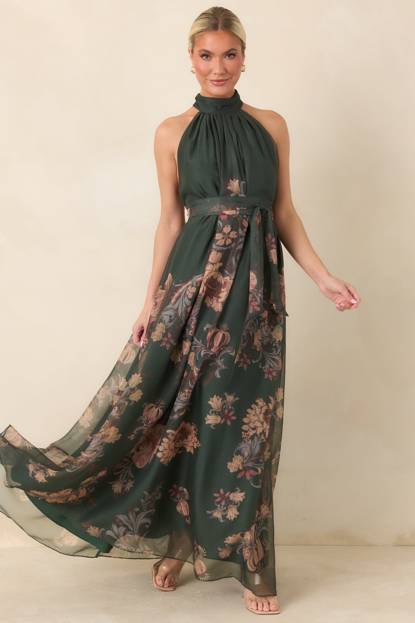 All That I Hoped For Forest Green Multi Floral Halter Maxi Dress