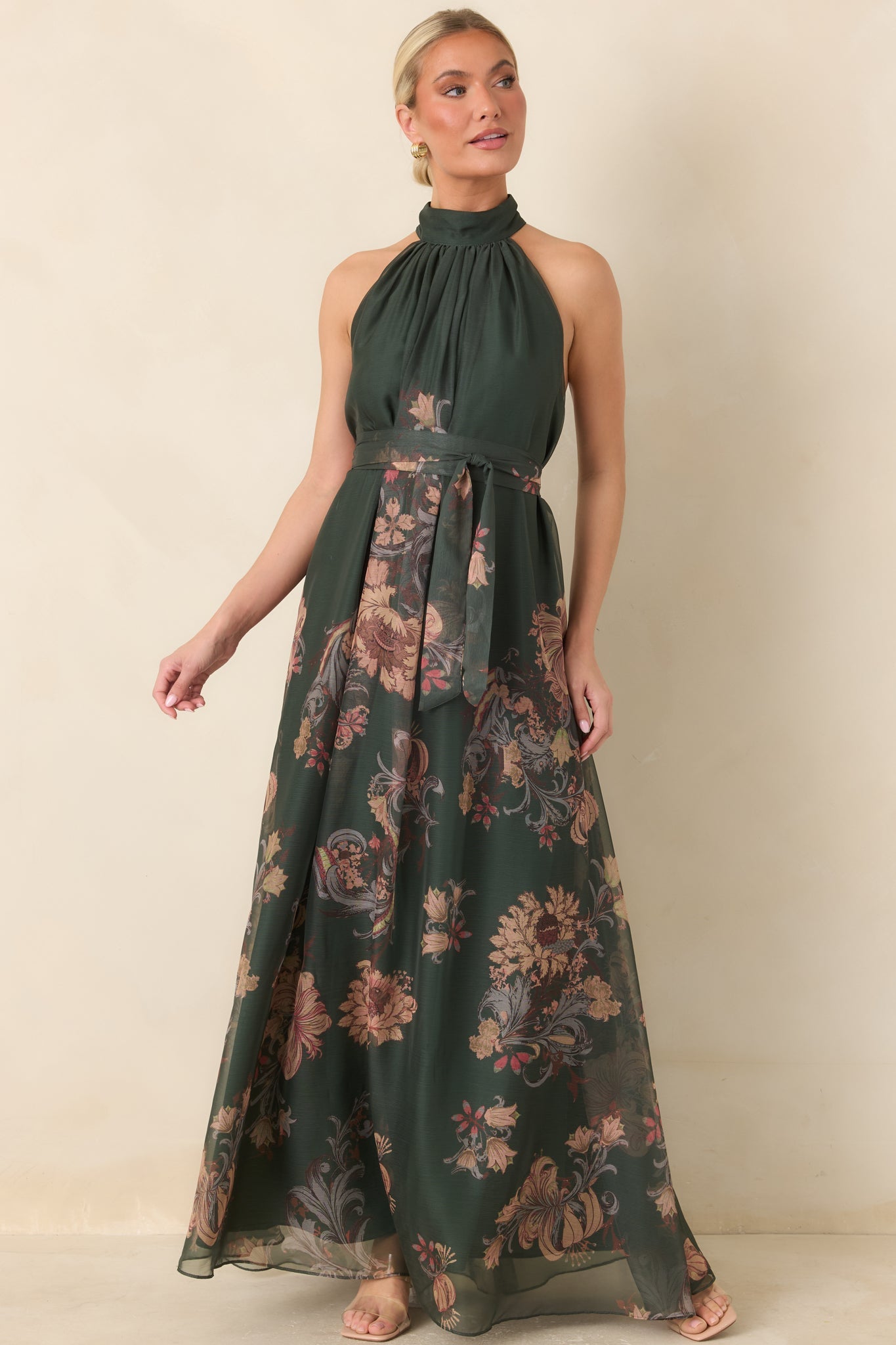 All That I Hoped For Forest Green Multi Floral Halter Maxi Dress