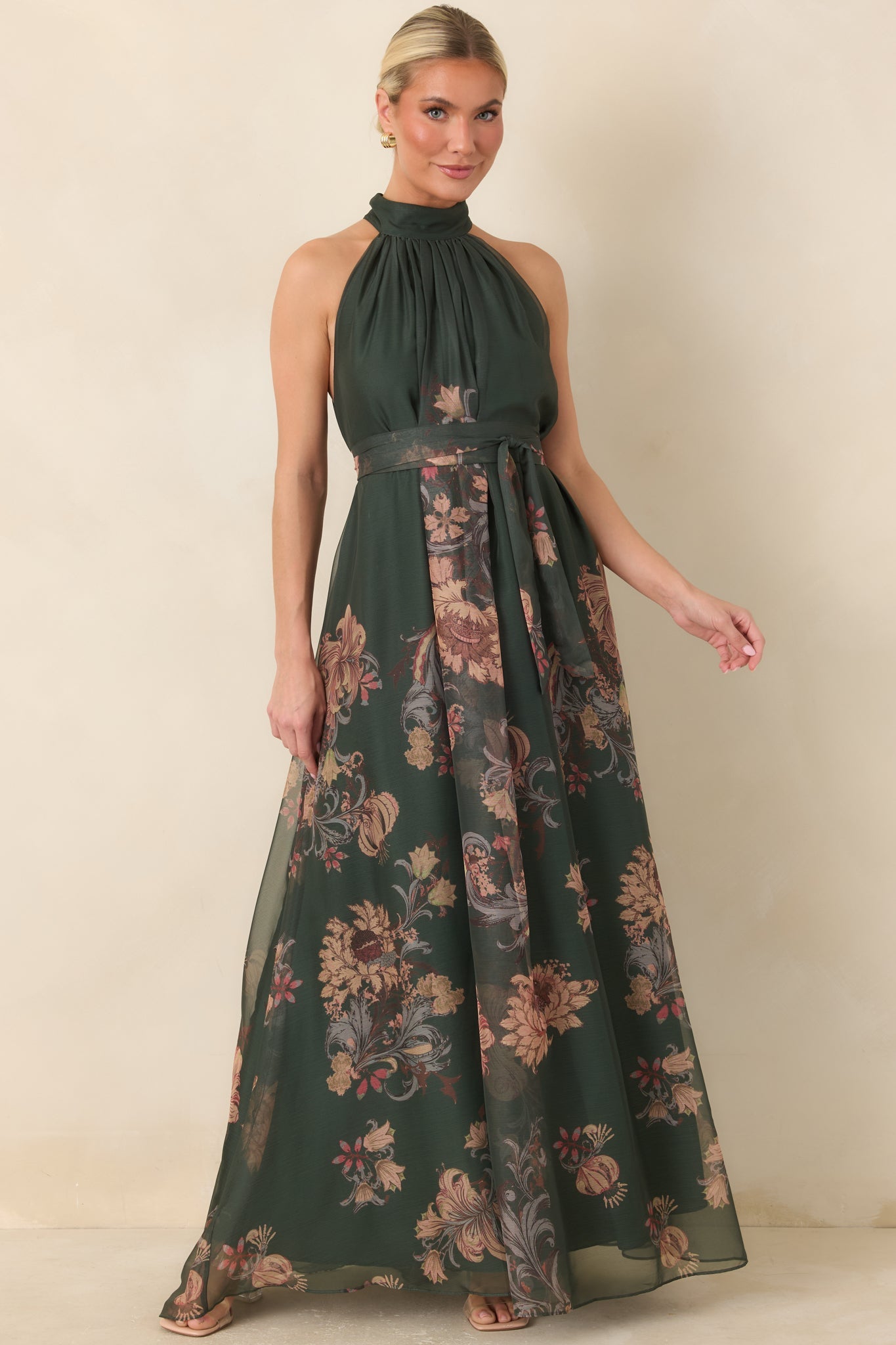 All That I Hoped For Forest Green Multi Floral Halter Maxi Dress