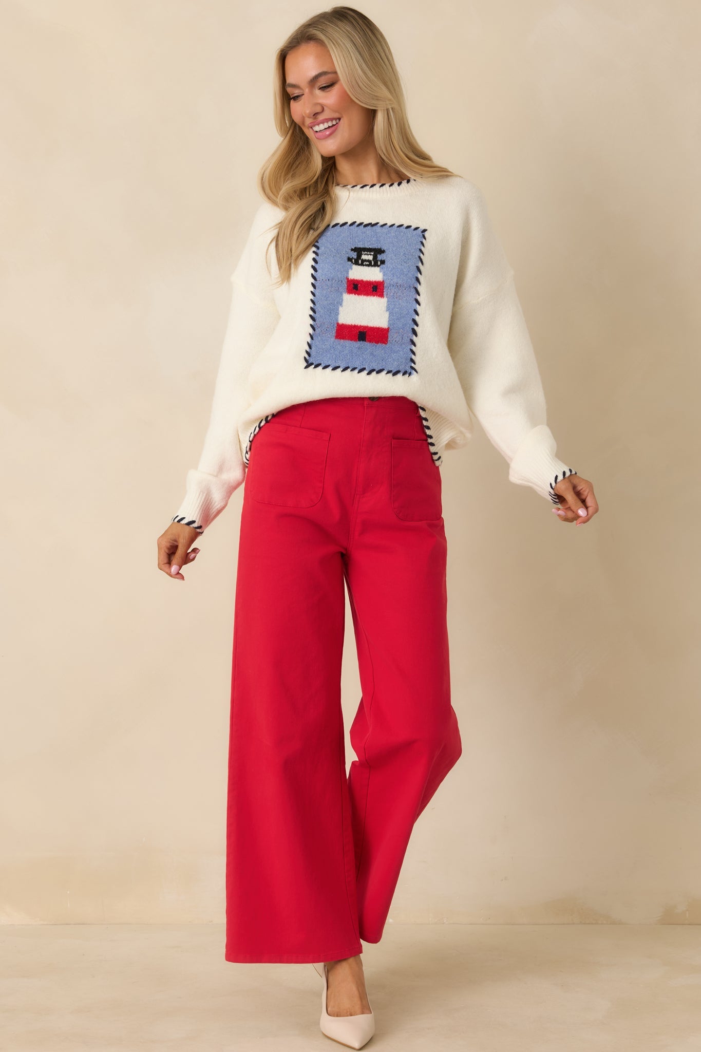 Bright On the Coast Ivory Multi Knit Contrast Stitch Lighthouse Sweater