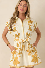 AIYIA Sarah Ivory & Honey Gold Floral Cotton Belted Mini Dress